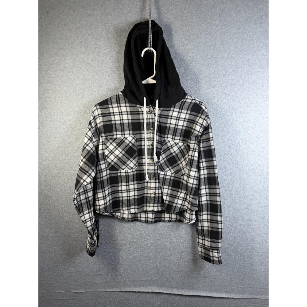 No Boundaries Shirt Juniors L (11-13) Black Plaid Hooded Cropped Flannel Top